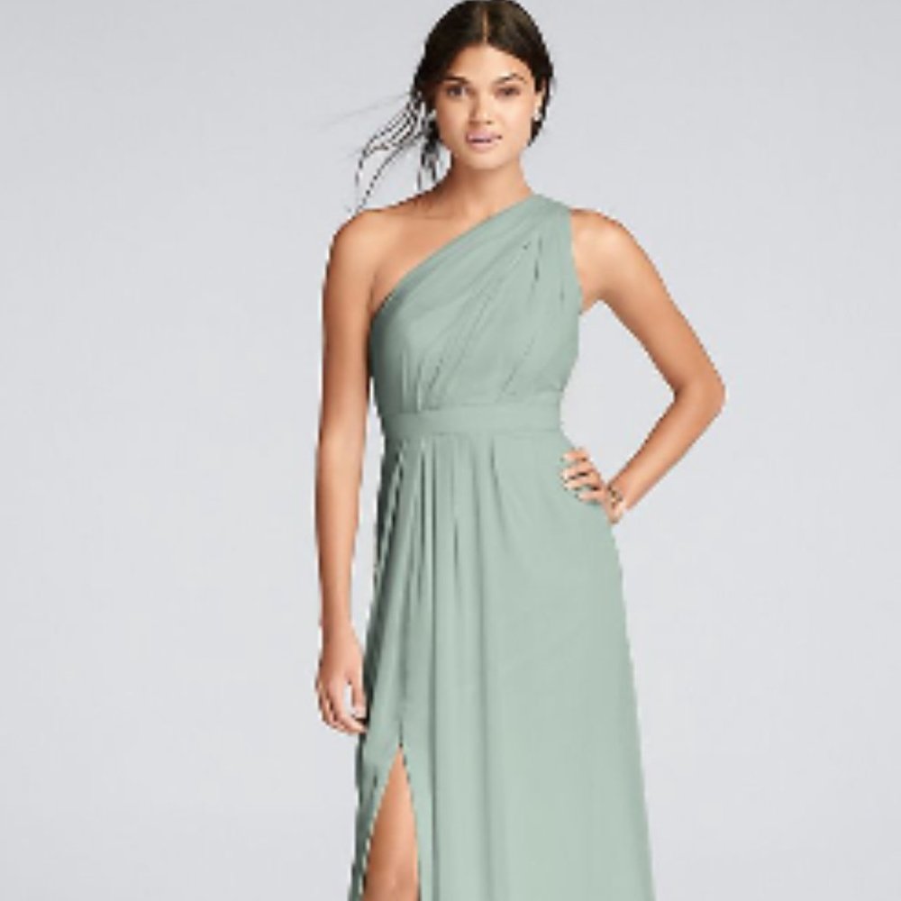 Davids Bridal - long one-shoulder crinkle chiffon dress - Dusty Sage